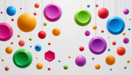 A colorful hanging round and hexagonal shapes vibrant pink, orange, green, blue, and purple create playful and lively atmosphereの素材