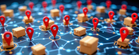 A smart delivery visualization with cardboard packages and location markers, showcasing network of logistics and trackingの素材