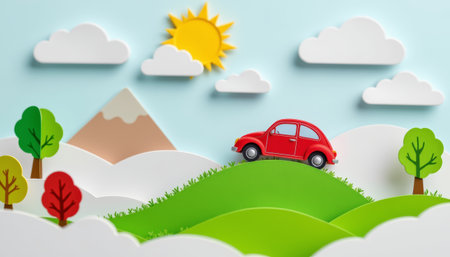 A whimsical papercut scene featuring red car driving on green hills under bright sun, surrounded by clouds and treesの素材