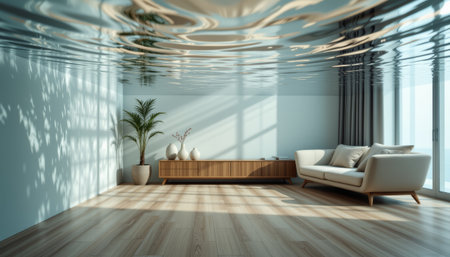 A modern living room with wooden floor and sofa under water effect ceiling creating calm atmosphereの素材