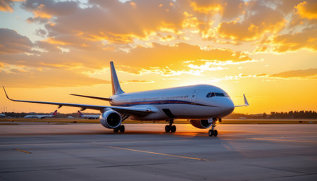 An aircraft parked quietly on smooth runway during vibrant sunset with dramatic clouds and warm lightの素材