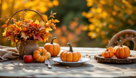 An autumn pumpkins and fall leaves arranged on wooden table create warm and cozy seasonal decoration with natural lightの素材