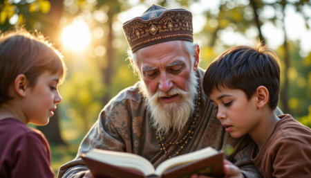 An elderly man with traditional hat reads book outdoors with two attentive young boys, sharing warm moment in natureの素材