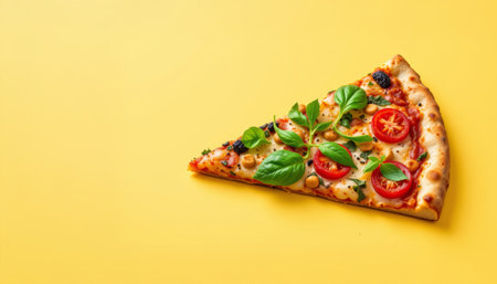 A fresh slice of pizza topped with tomato, basil leaves, cheese, and herbs on bright yellow background, appetizing and vibrantの素材