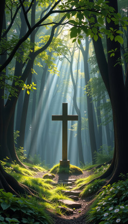 A lonely cross deep in enchanted forest with sun rays shining through tall trees creating peaceful and spiritual atmosphereの素材