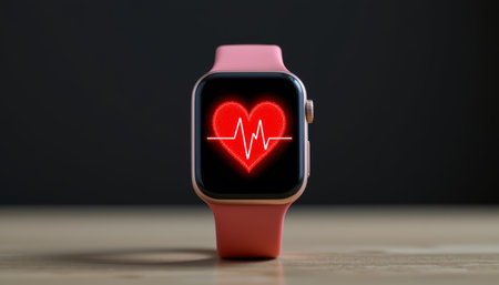 A heart rate monitor on smartwatch display with pink strap showing health pulse symbolの素材