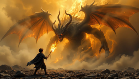A brave figure holding flaming torch confronts massive fiery demon with wings and horns in smoky rocky landscapeの素材