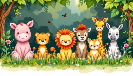 A cute cartoon jungle animals sitting together in colorful forest with butterflies and flowers, joyful and friendly sceneの素材