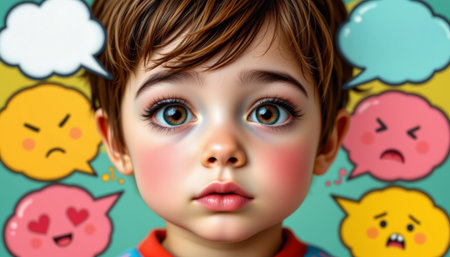 A closeup of illustrated child with big eyes surrounded by colorful emotional speech bubbles showing various feelingsの素材