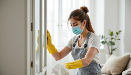 A young woman housekeeper wearing protective mask and yellow gloves cleaning glass door with cloth in bright living roomの素材