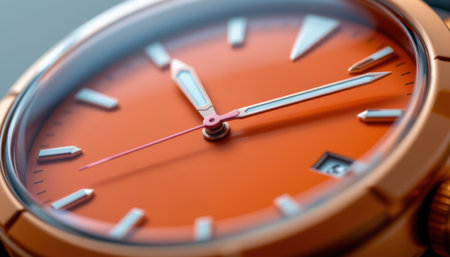 A closeup of orange wristwatch face with silver hands and date window showing detailed time and elegant designの素材