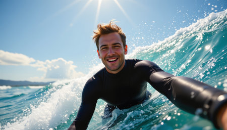 A happy man surfing on wave in ocean under bright sun with blue sky and white cloudsの素材
