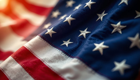A closeup of stars section of waving american flag with red and white stripes and blue field, symbolizing patriotism and prideの素材