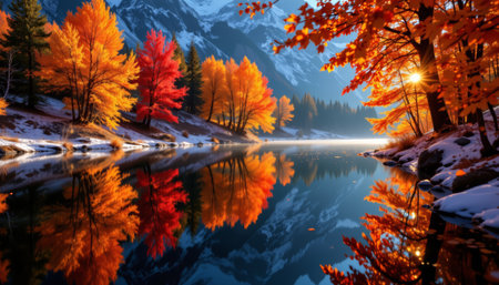 An autumn trees with vibrant orange and red leaves reflect on calm river surrounded by snow and mountains in peaceful landscapeの素材
