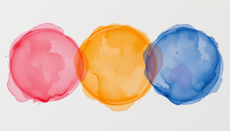 A three colorful watercolor circles in red, orange, and blue overlap on white background creating soft artistic effectの素材