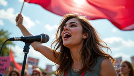 An empowered female speaker at protest holding red flag and speaking into microphone with passionate expressionの素材
