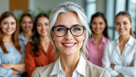 A confident businesswoman with glasses smiling in front of diverse female colleagues in modern office settingの素材