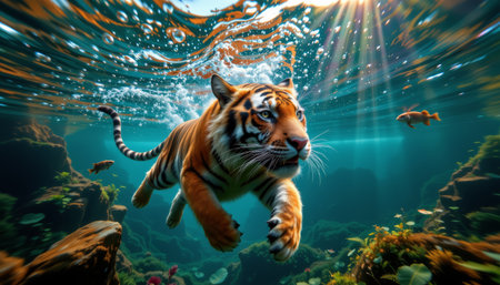 A tiger swimming underwater with fish and sunlight rays penetrating clear water, creating vibrant aquatic sceneの素材