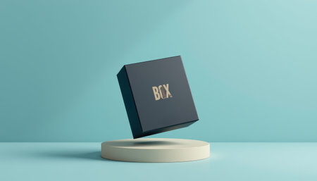 A minimalist black box with gold text floating above round beige platform light blue background, creating modern and elegant lの素材