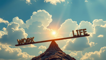 A work life balance concept with seesaw on mountain peak and sun shining through cloudsの素材