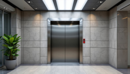 A modern elevator door in office building lobby with marble walls and green plantの素材