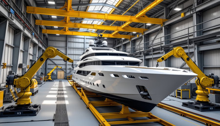 An indoor shipyard with mega yacht under construction and robotic arms working, bright spacious industrial environmentの素材