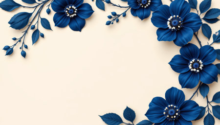 A blue flower floral design leaf branch decorative frame elegant petals cream background nature art botanical borderの素材