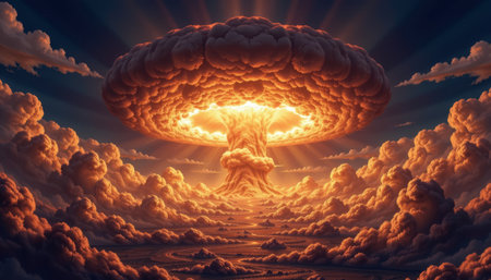 A nuclear explosion cloud, mushroom cloud, fiery sky, dramatic lighting, apocalyptic scene, intense glowの素材