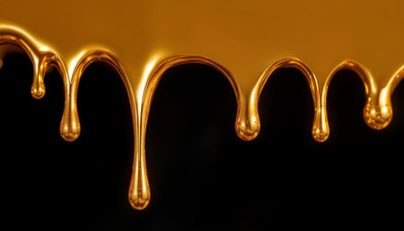A liquid gold dripping in closeup with shiny smooth texture and warm glowing color on black backgroundの素材