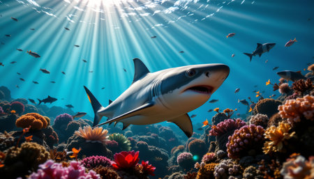 A shark swimming underwater surrounded by colorful coral reef and small fish with sunlight rays shining through ocean waterの素材