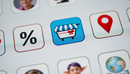 A shopping cart icon discount symbol location pin ecommerce app online store digital shopping user interface mobile app closeupの素材