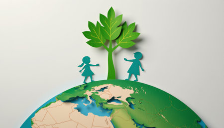 A children tree earth environment nature ecology green planet globe paper cutout illustration symbolの素材