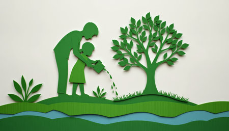 A father and child watering plant together near tree by river, symbolizing care and growth in nature environmentの素材