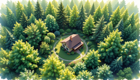 A cozy house surrounded by lush green forest with sunlight filtering through tall trees creating peaceful atmosphereの素材