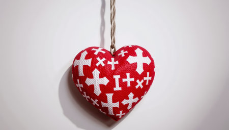 A red heart decoration with white cross pattern hanging on rope, symbolizing love and care in simple settingの素材