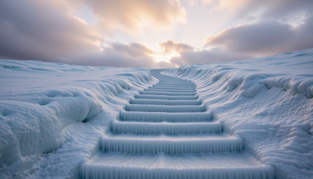 A frozen icy stairs covered with snow lead upward through winter landscape under dramatic cloudy sky at sunsetの素材