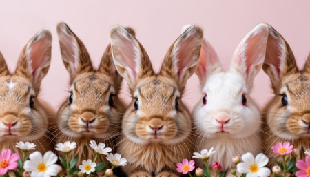 A closeup of charming bunny lineup with brown and white rabbits surrounded by colorful flowers on pink backgroundの素材