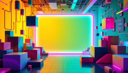 An abstract technology background with colorful glowing cubes and neon lights creating vibrant futuristic sceneの素材