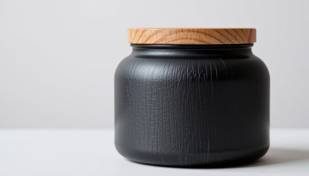 A black textured jar with wooden lid on white surface, elegant packaging design with natural material contrast and soft lightingの素材