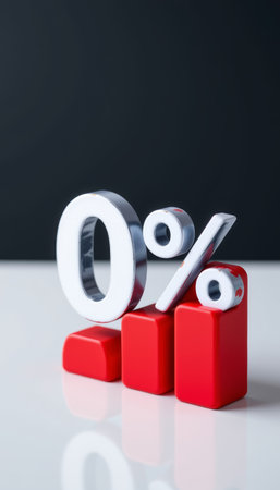 A 0 percent symbol with red bar chart white surface and dark background, representing financial growth and zero interest rateの素材
