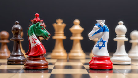 A chess knight pieces with national flag colors facing each other chessboard, symbolizing geopolitical tension and strategicの素材