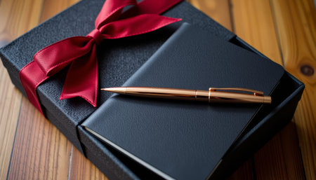 A black gift box with red ribbon and leather notebook with gold pen on wooden table, elegant and stylish office setupの素材