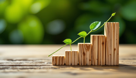 A wooden bar chart with green leaf growing upward symbolizing growth and sustainability in business or environmentの素材