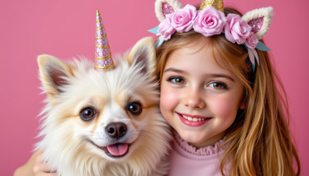 A little girl and dog wearing unicorn headbands smiling happily on pink backgroundの素材