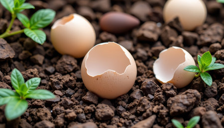 A cracked eggshells on soil with green plant sprouts symbolizing growth and new life in natural environmentの素材
