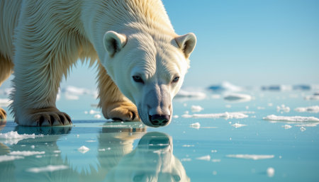 A polar bear closeup on icy water surface with reflection, cold environment, and clear blue sky creating calm and serene moodの素材