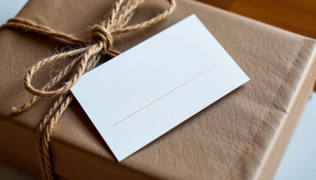 A blank white card on brown gift box tied with rustic twine bow, cozy and simple present concept for celebration or greetingの素材