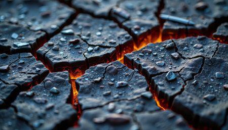 A cracked dry soil with water droplets and glowing orange light shining through gaps, creating dramatic natural textureの素材