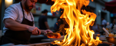 A flames bursting from pan held by chef cooking in busy kitchen with intense focus and warm lightingの素材