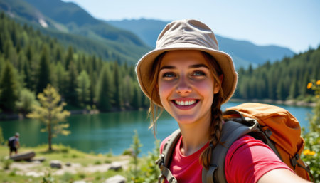 A smiling hiker woman wearing bucket hat and backpack taking selfie near lake with mountain and forest backgroundの素材